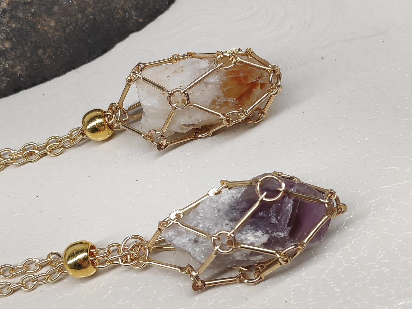 Raw Amethyst, Raw Citrine Necklace crystal Cage Pendant,Crystal Holder Pendant Necklace,Natural Amethyst Pendant Protection Healing Gemstone