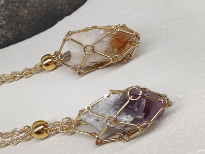 Raw Amethyst, Raw Citrine Necklace crystal Cage Pendant,Crystal Holder Pendant Necklace,Natural Amethyst Pendant Protection Healing Gemstone
