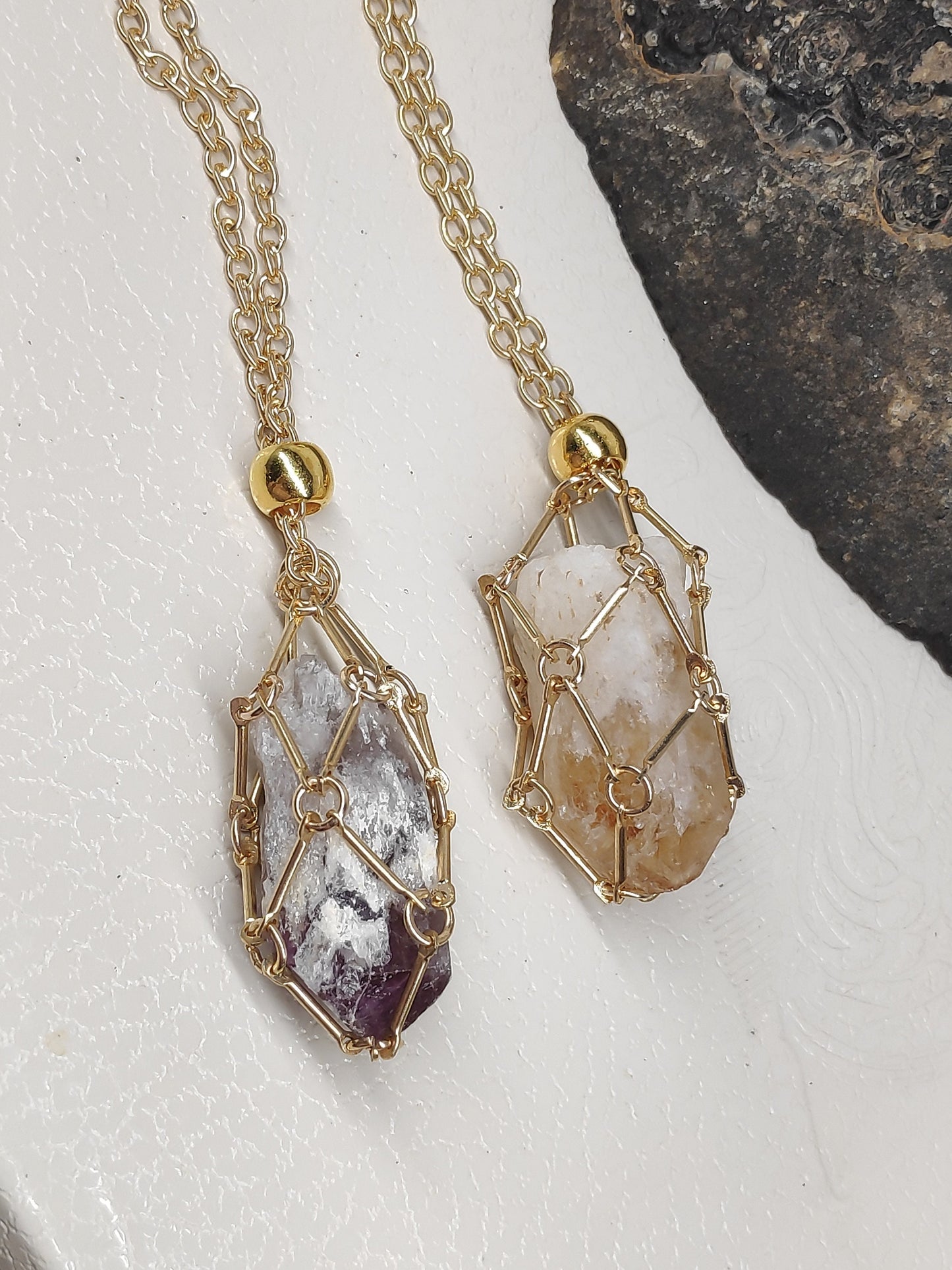 Raw Amethyst, Raw Citrine Necklace crystal Cage Pendant,Crystal Holder Pendant Necklace,Natural Amethyst Pendant Protection Healing Gemstone