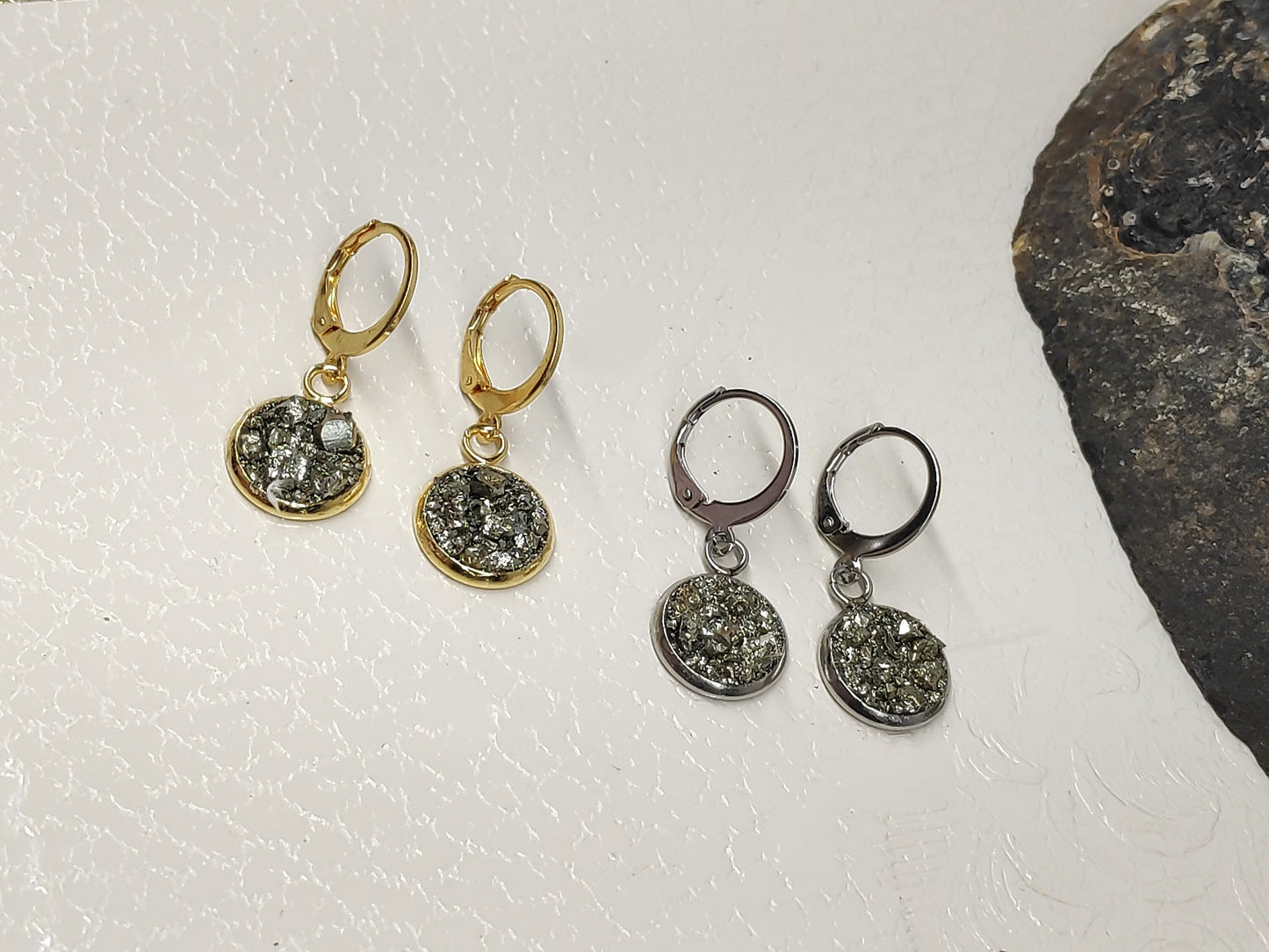 Natural Raw Iron Pyrite Cluster Cubes Earrings, Stainless steel, gold plated, Handmade Healing Protection Bohemian Trendy Dainty Elegant Gem