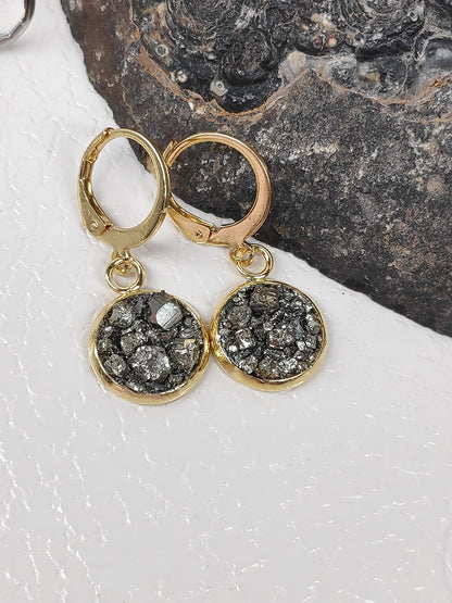 Natural Raw Iron Pyrite Cluster Cubes Earrings, Stainless steel, gold plated, Handmade Healing Protection Bohemian Trendy Dainty Elegant Gem