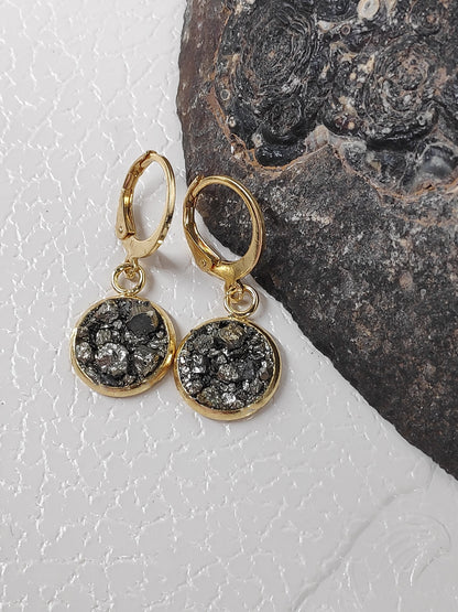 Natural Raw Iron Pyrite Cluster Cubes Earrings, Stainless steel, gold plated, Handmade Healing Protection Bohemian Trendy Dainty Elegant Gem