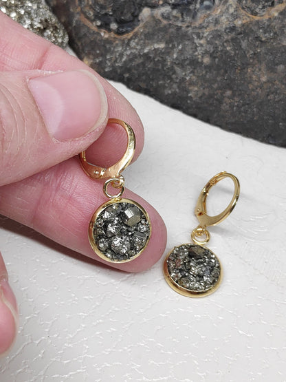 Natural Raw Iron Pyrite Cluster Cubes Earrings, Stainless steel, gold plated, Handmade Healing Protection Bohemian Trendy Dainty Elegant Gem