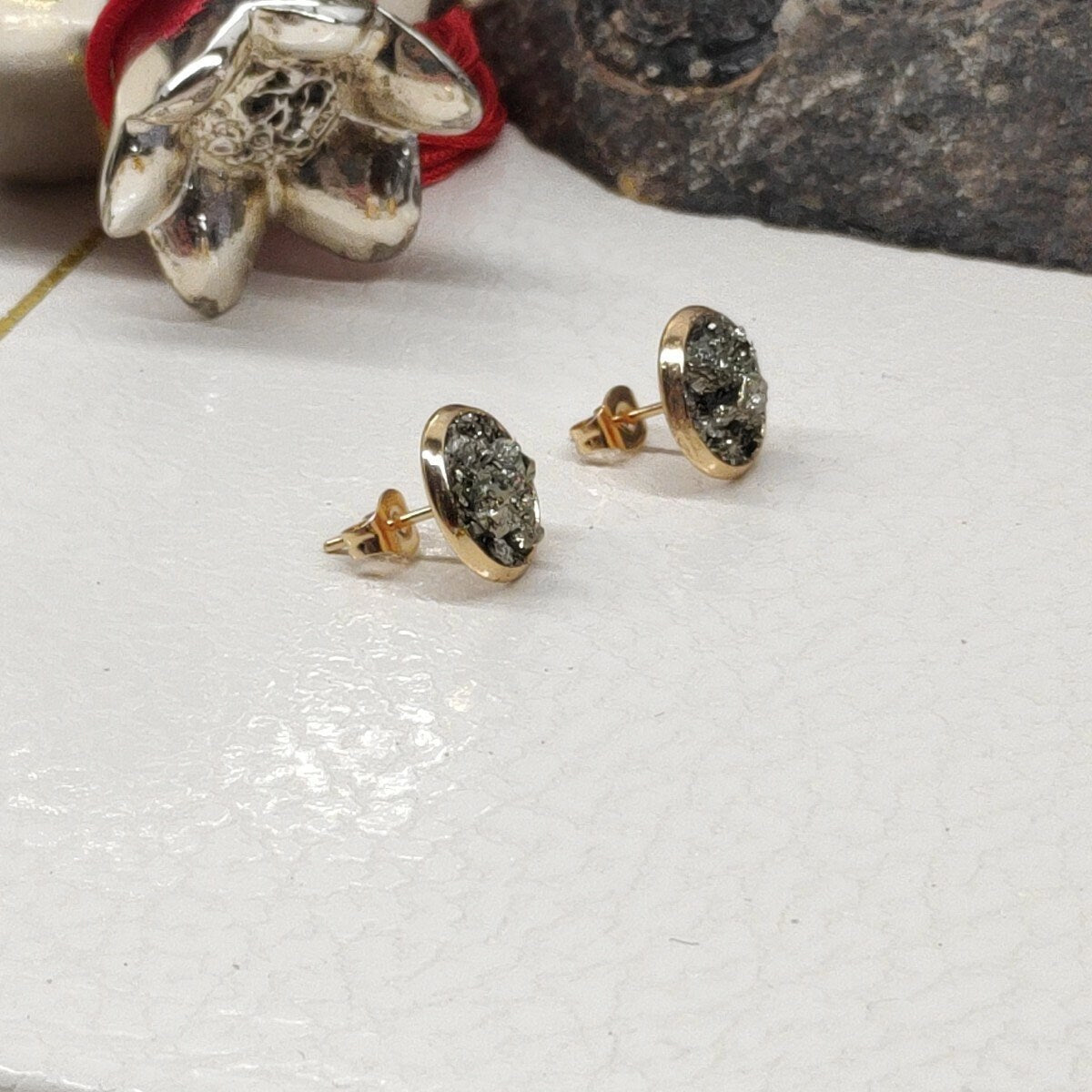 Raw Pyrite Stud Earrings round cabochon studs raw Iron Pyrite cubes jewelry,healing protection dainty handmade gemstone gift for girlfriend