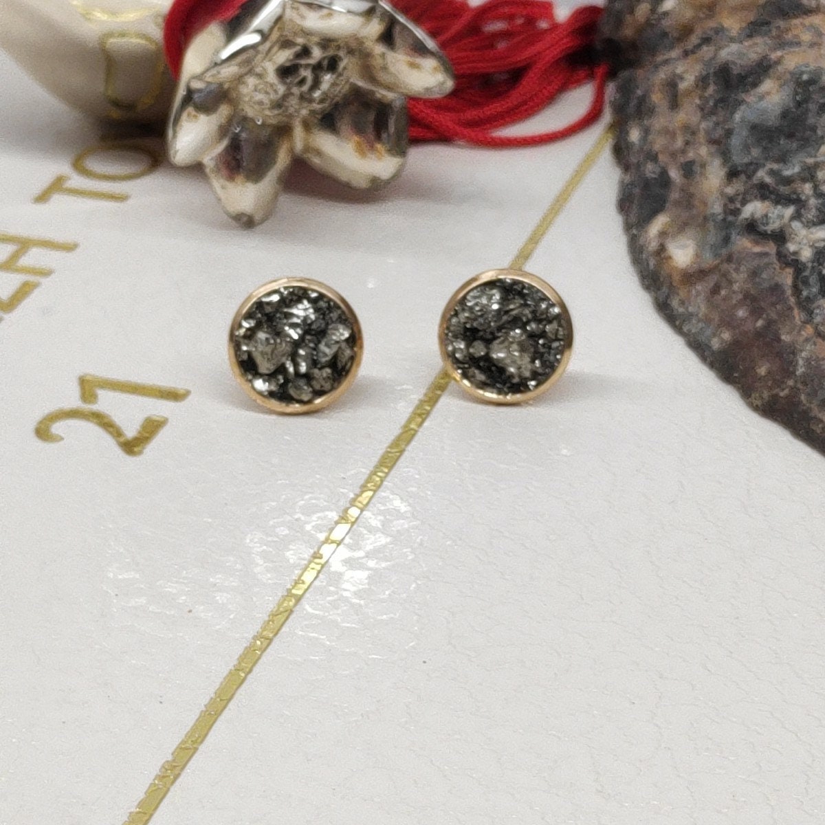 Raw Pyrite Stud Earrings round cabochon studs raw Iron Pyrite cubes jewelry,healing protection dainty handmade gemstone gift for girlfriend