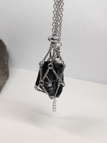 Raw Obsidian Necklace, Stainless Steel Cage Replaceable Crystal Pendant Necklace, Rough Black Obsidian Pendant, Protection Jewelry women