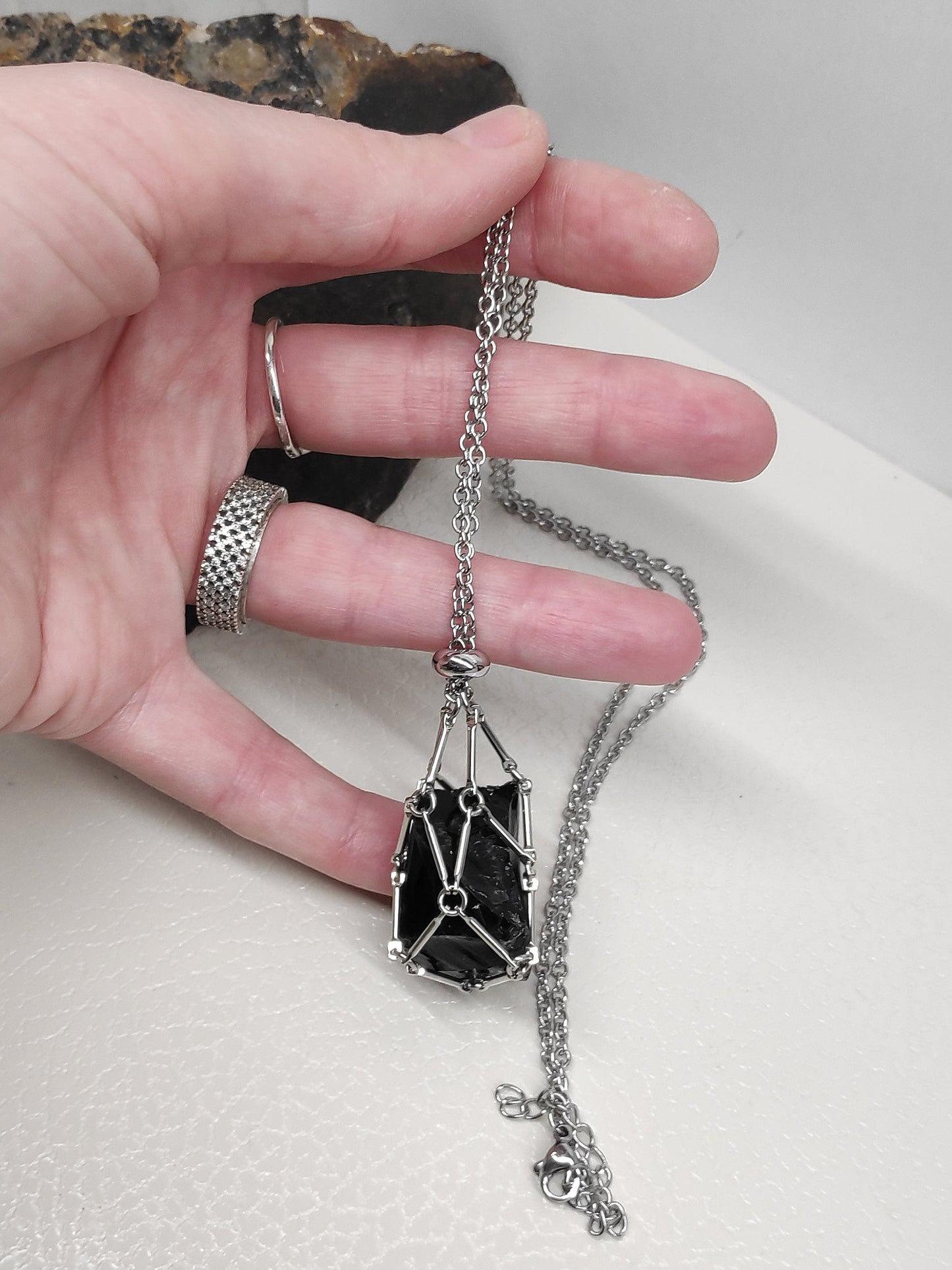 Raw Obsidian Necklace, Stainless Steel Cage Replaceable Crystal Pendant Necklace, Rough Black Obsidian Pendant, Protection Jewelry women