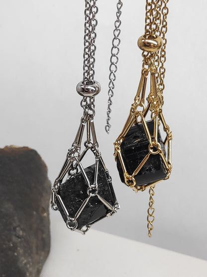 Natural Raw Tourmaline Necklace, Crystal Cage, Crystal Holder Pendant Necklace, Rough Black Tourmaline Necklace, Healing Protection Jewelry
