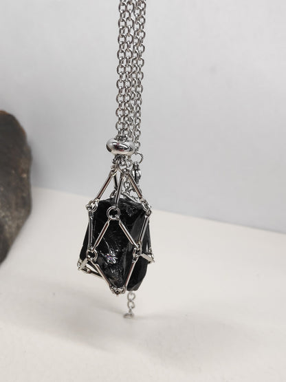 Raw Obsidian Necklace, Stainless Steel Cage Replaceable Crystal Pendant Necklace, Rough Black Obsidian Pendant, Protection Jewelry women
