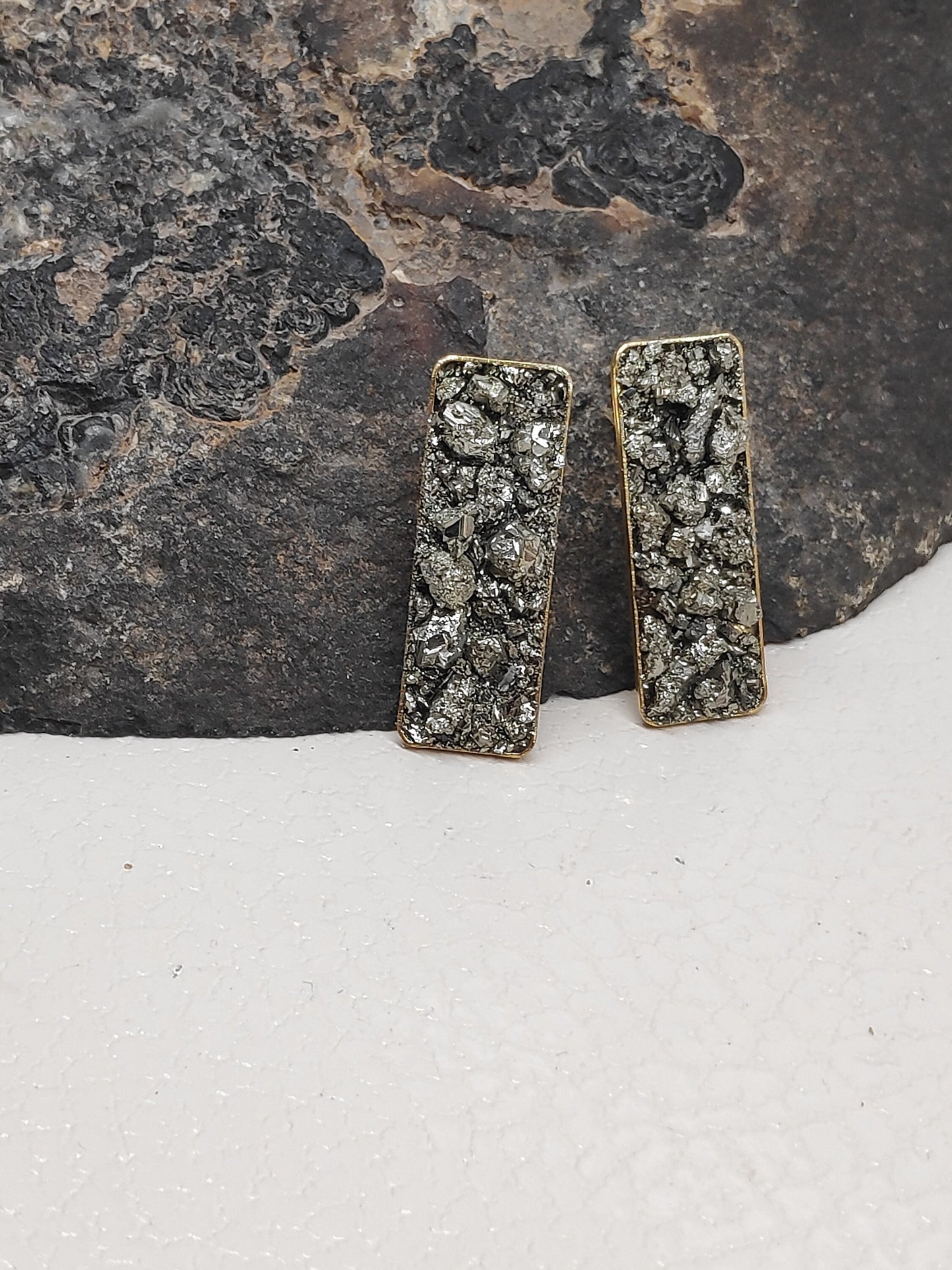 Pyrite Rectangular Studs Earrings, Wealth stone Healing Protection earrings, raw Iron Pyrite earrings, handmade, dainty, gemstone