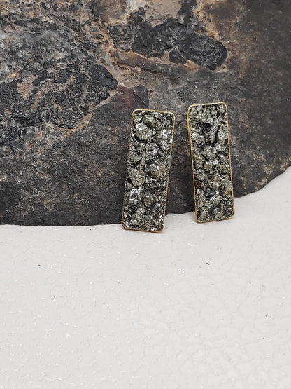 Pyrite Rectangular Studs Earrings, Wealth stone Healing Protection earrings, raw Iron Pyrite earrings, handmade, dainty, gemstone