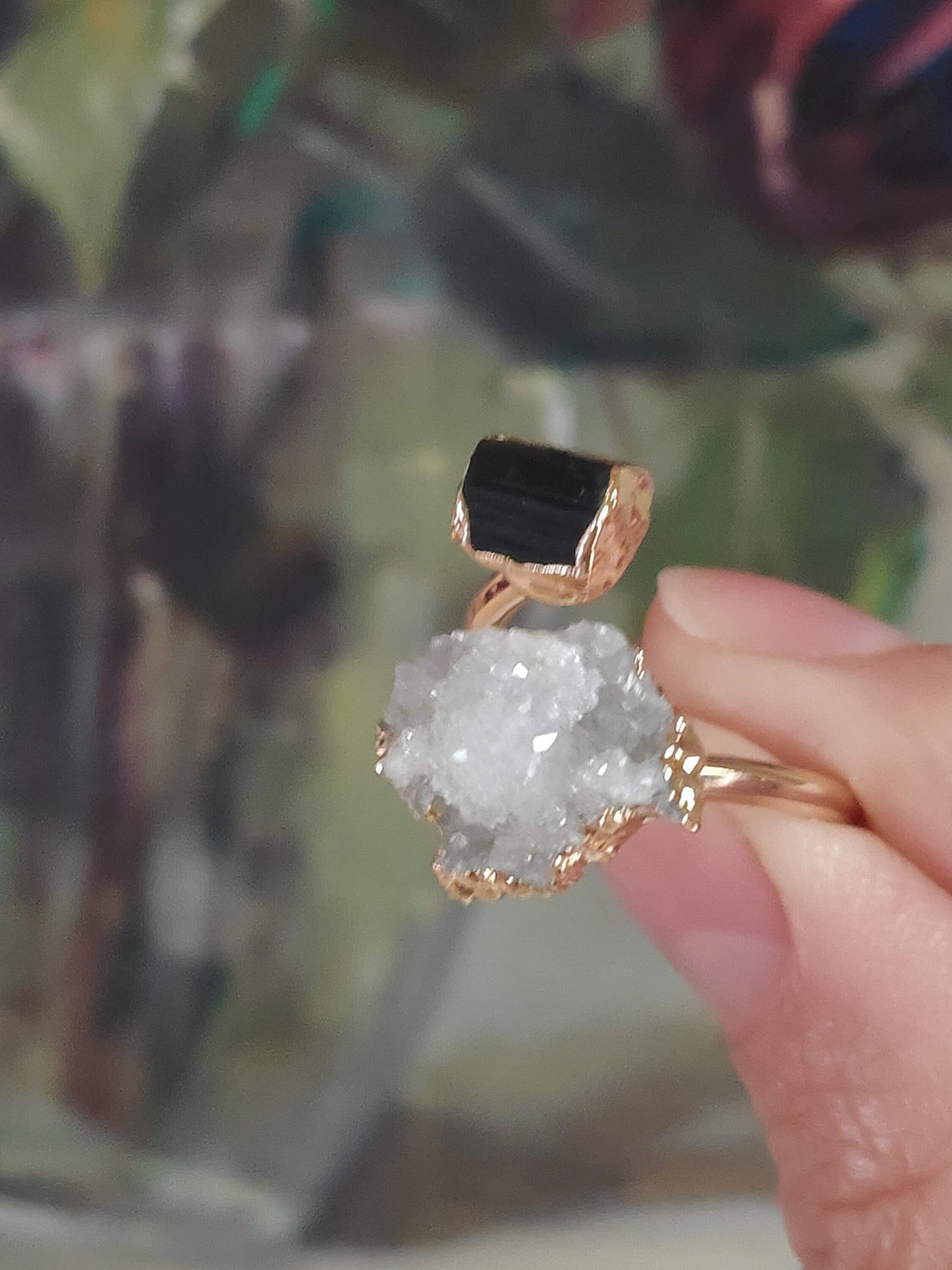Open finger ring with two raw crystals Black Tourmaline and quartz druzy crystal, natural gem, fashion dainty elegant healing protection