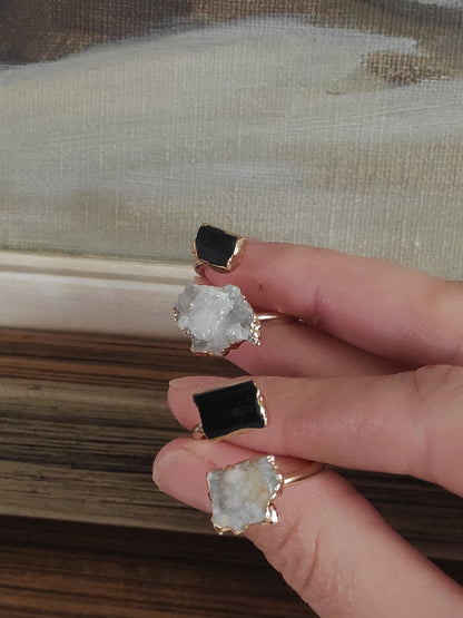 Open finger ring with two raw crystals Black Tourmaline and quartz druzy crystal, natural gem, fashion dainty elegant healing protection