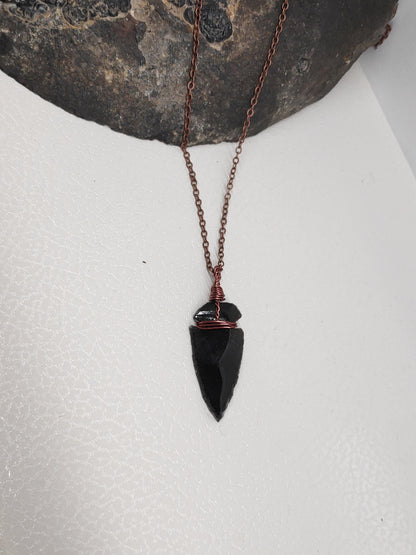 Carved Arrowhead Crystal Pendant Raw Black Obsidian Arrow Necklace Wire Wrap Stone, amulet, Energy Protection Healing