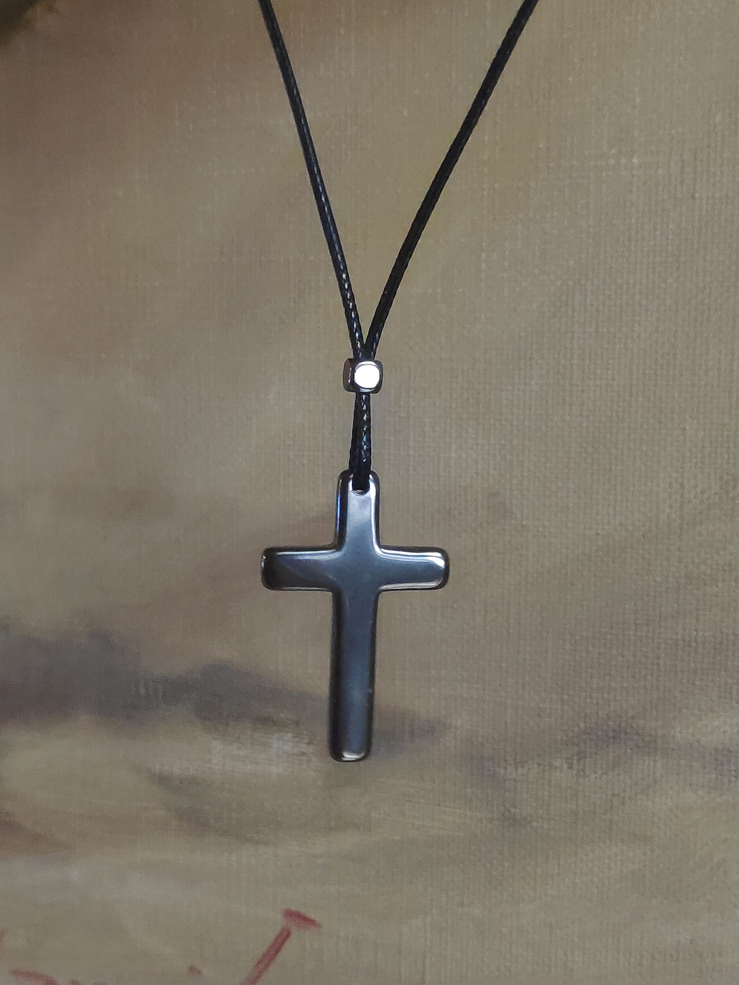 Hematite Cross Pendant Necklace,  Christian Religious Classic Cross Charms Gemstone Cross, black cord necklace Men , Gift for beliver