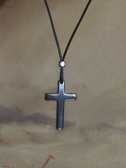 Hematite Cross Pendant Necklace,  Christian Religious Classic Cross Charms Gemstone Cross, black cord necklace Men , Gift for beliver