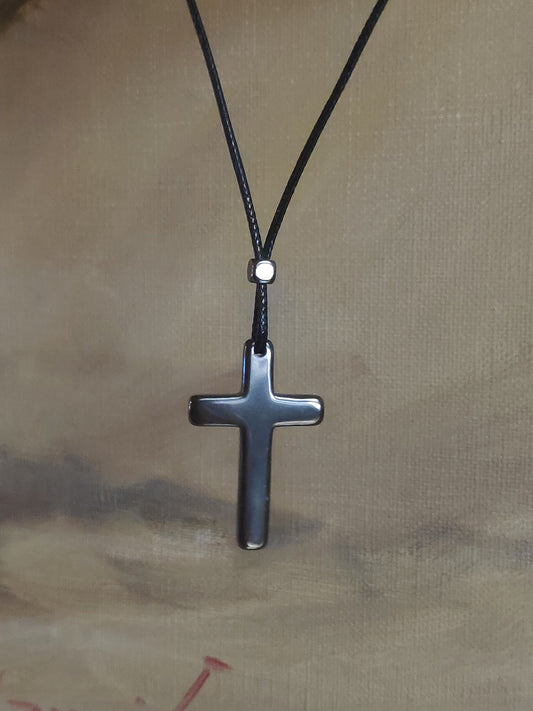 Hematite Cross Pendant Necklace,  Christian Religious Classic Cross Charms Gemstone Cross, black cord necklace Men , Gift for beliver