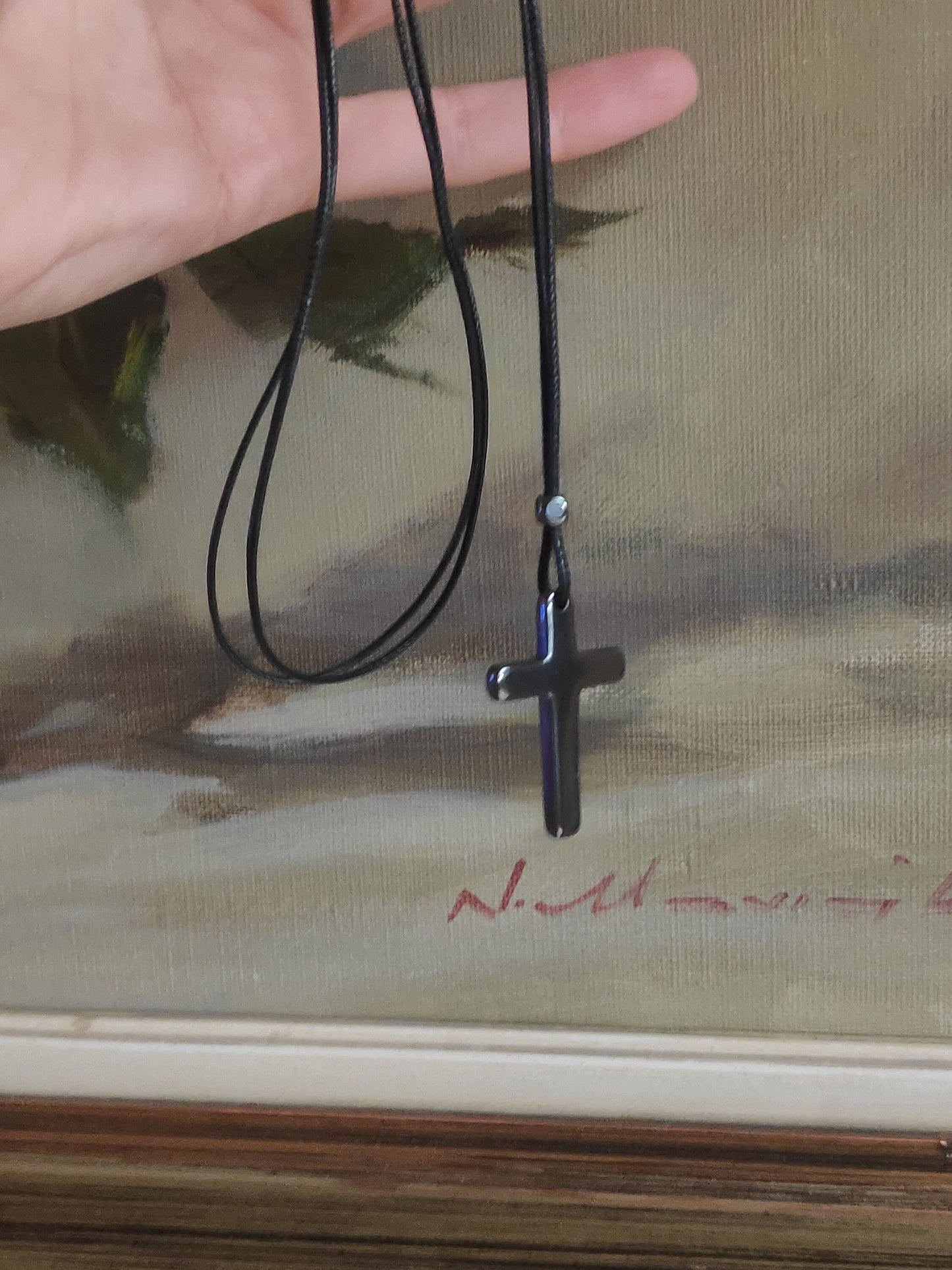 Hematite Cross Pendant Necklace,  Christian Religious Classic Cross Charms Gemstone Cross, black cord necklace Men , Gift for beliver