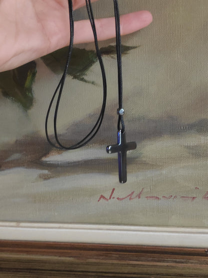 Hematite Cross Pendant Necklace,  Christian Religious Classic Cross Charms Gemstone Cross, black cord necklace Men , Gift for beliver