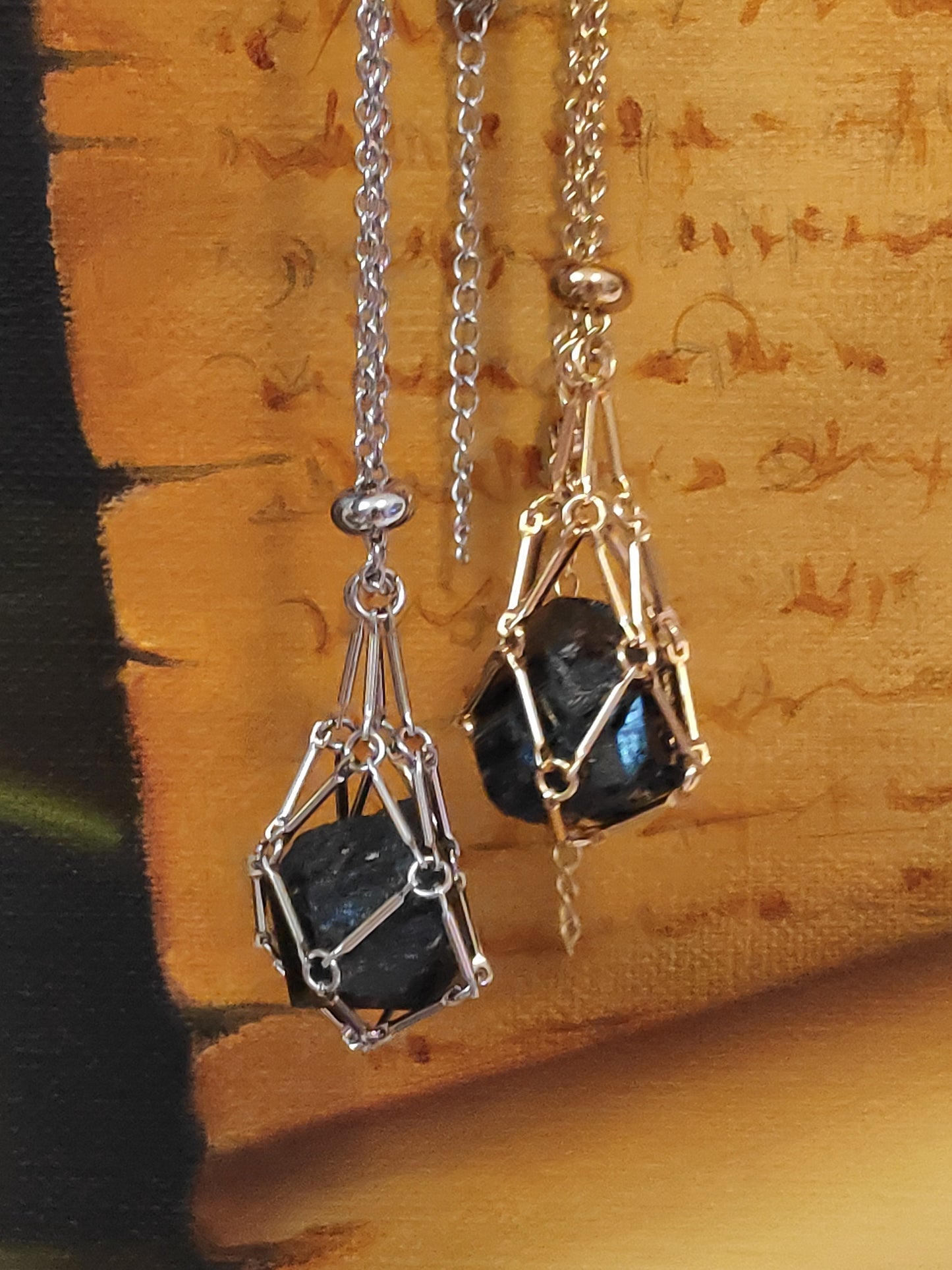 Natural Raw Tourmaline Necklace, Crystal Cage, Crystal Holder Pendant Necklace, Rough Black Tourmaline Necklace, Healing Protection Jewelry