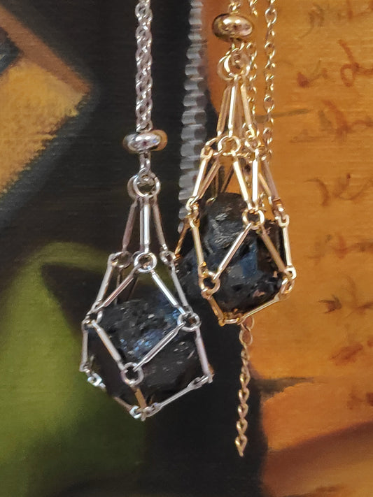 Natural Raw Tourmaline Necklace, Crystal Cage, Crystal Holder Pendant Necklace, Rough Black Tourmaline Necklace, Healing Protection Jewelry