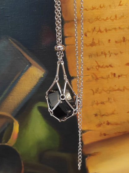 Natural Raw Tourmaline Necklace, Crystal Cage, Crystal Holder Pendant Necklace, Rough Black Tourmaline Necklace, Healing Protection Jewelry