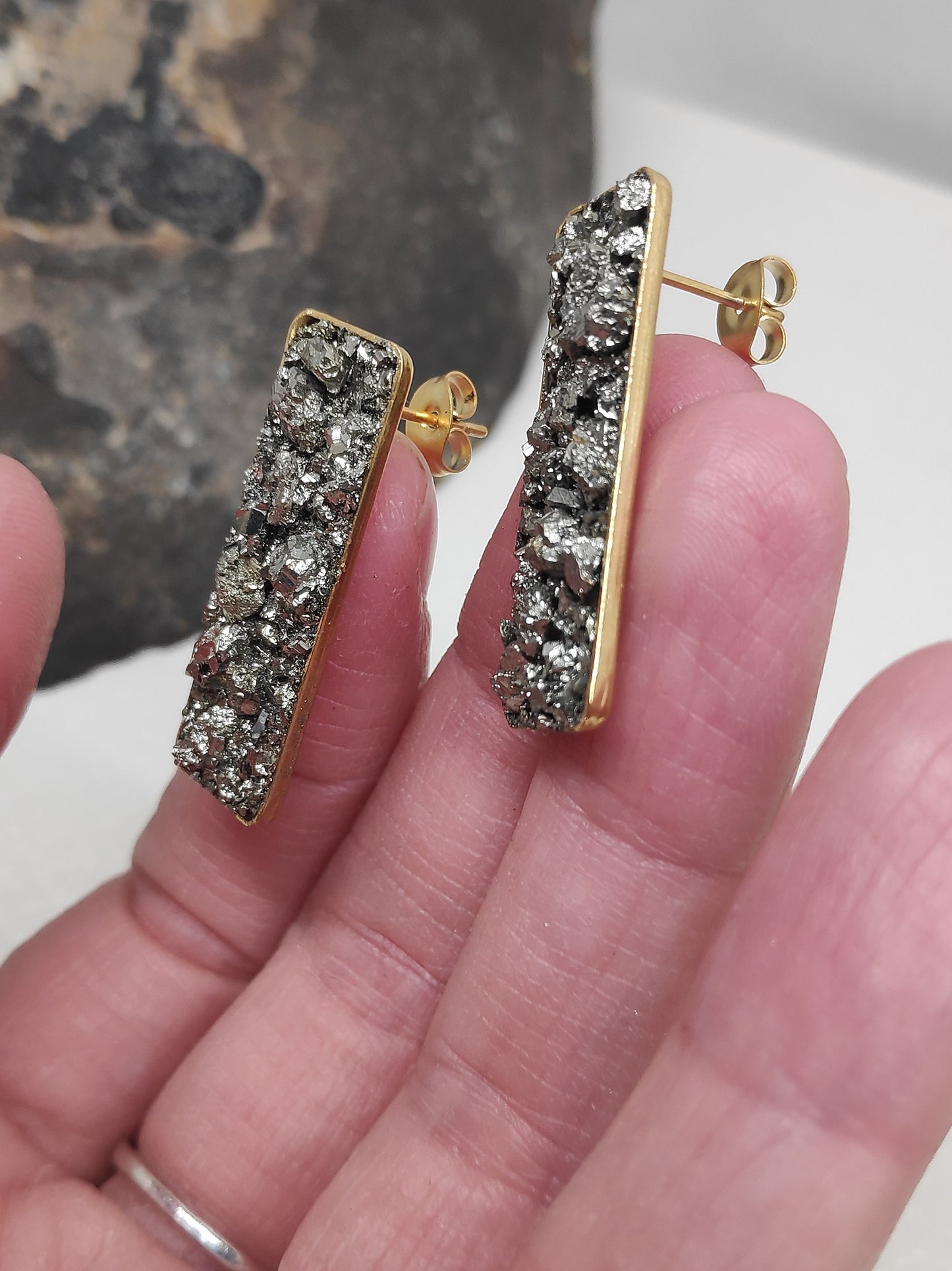 Pyrite Rectangular Studs Earrings, Wealth stone Healing Protection earrings, raw Iron Pyrite earrings, handmade, dainty, gemstone