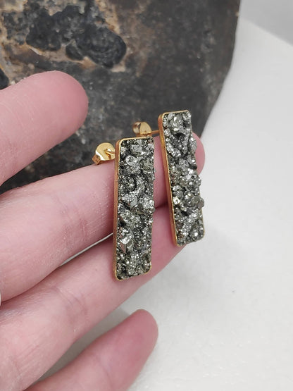 Pyrite Rectangular Studs Earrings, Wealth stone Healing Protection earrings, raw Iron Pyrite earrings, handmade, dainty, gemstone