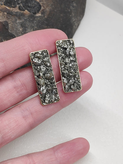 Pyrite Rectangular Studs Earrings, Wealth stone Healing Protection earrings, raw Iron Pyrite earrings, handmade, dainty, gemstone
