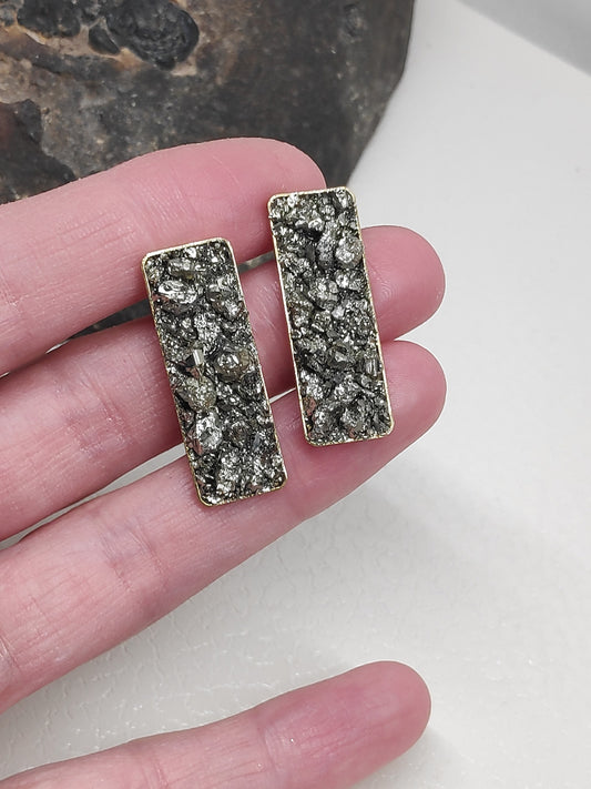 Pyrite Rectangular Studs Earrings, Wealth stone Healing Protection earrings, raw Iron Pyrite earrings, handmade, dainty, gemstone