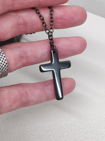 Hematite Cross Pendant Necklace,  Christian Religious Classic Cross Charms Gemstone Necklace, stainless steel chain Men , Gift for beliver
