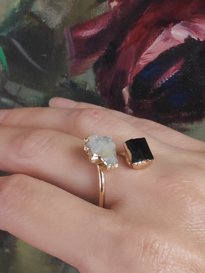 Open finger ring with two raw crystals Black Tourmaline and quartz druzy crystal, natural gem, fashion dainty elegant healing protection