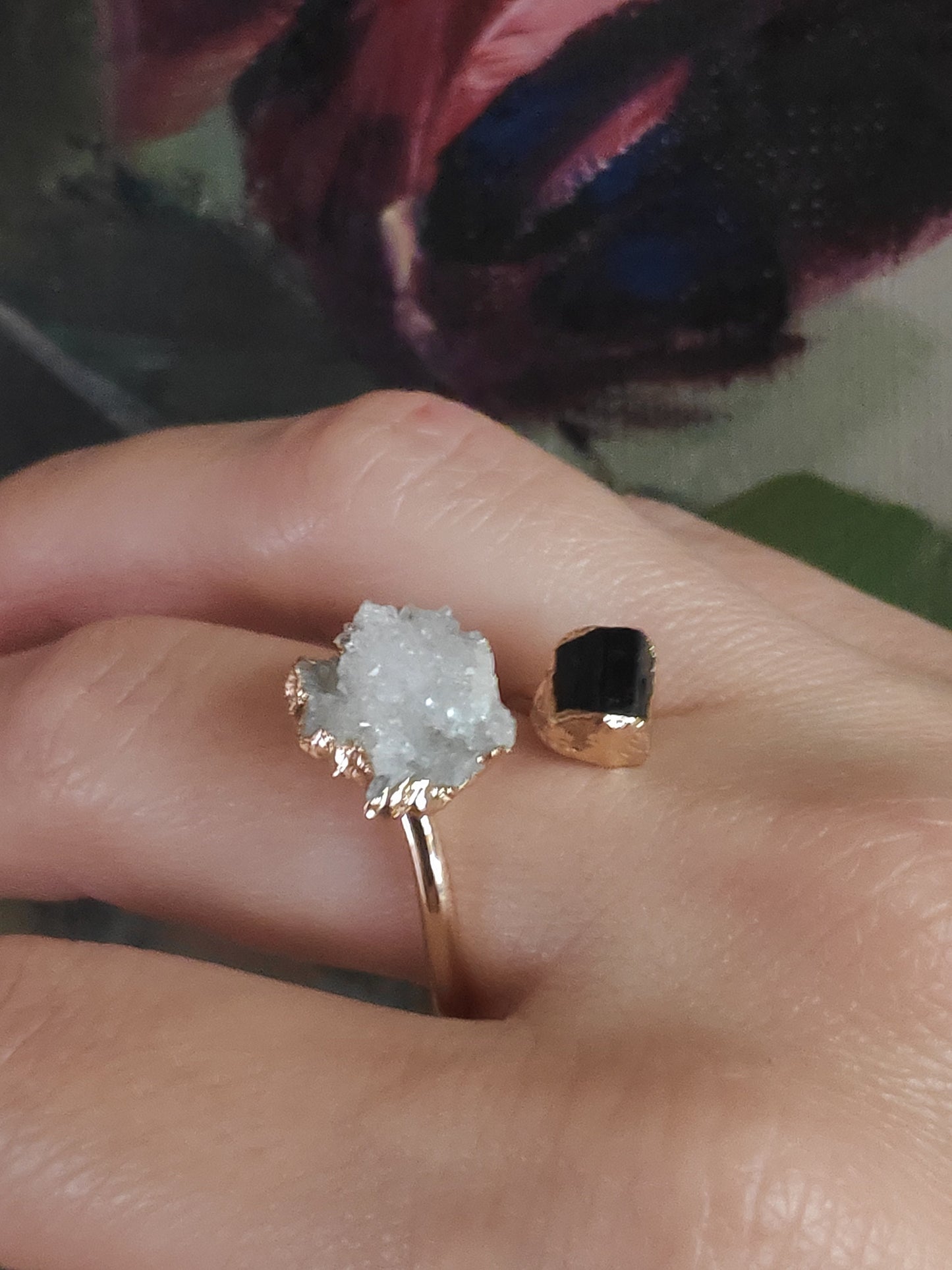 Open finger ring with two raw crystals Black Tourmaline and quartz druzy crystal, natural gem, fashion dainty elegant healing protection