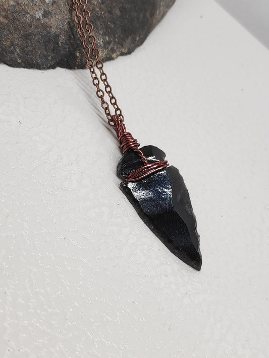 Carved Arrowhead Crystal Pendant Raw Black Obsidian Arrow Necklace Wire Wrap Stone, amulet, Energy Protection Healing