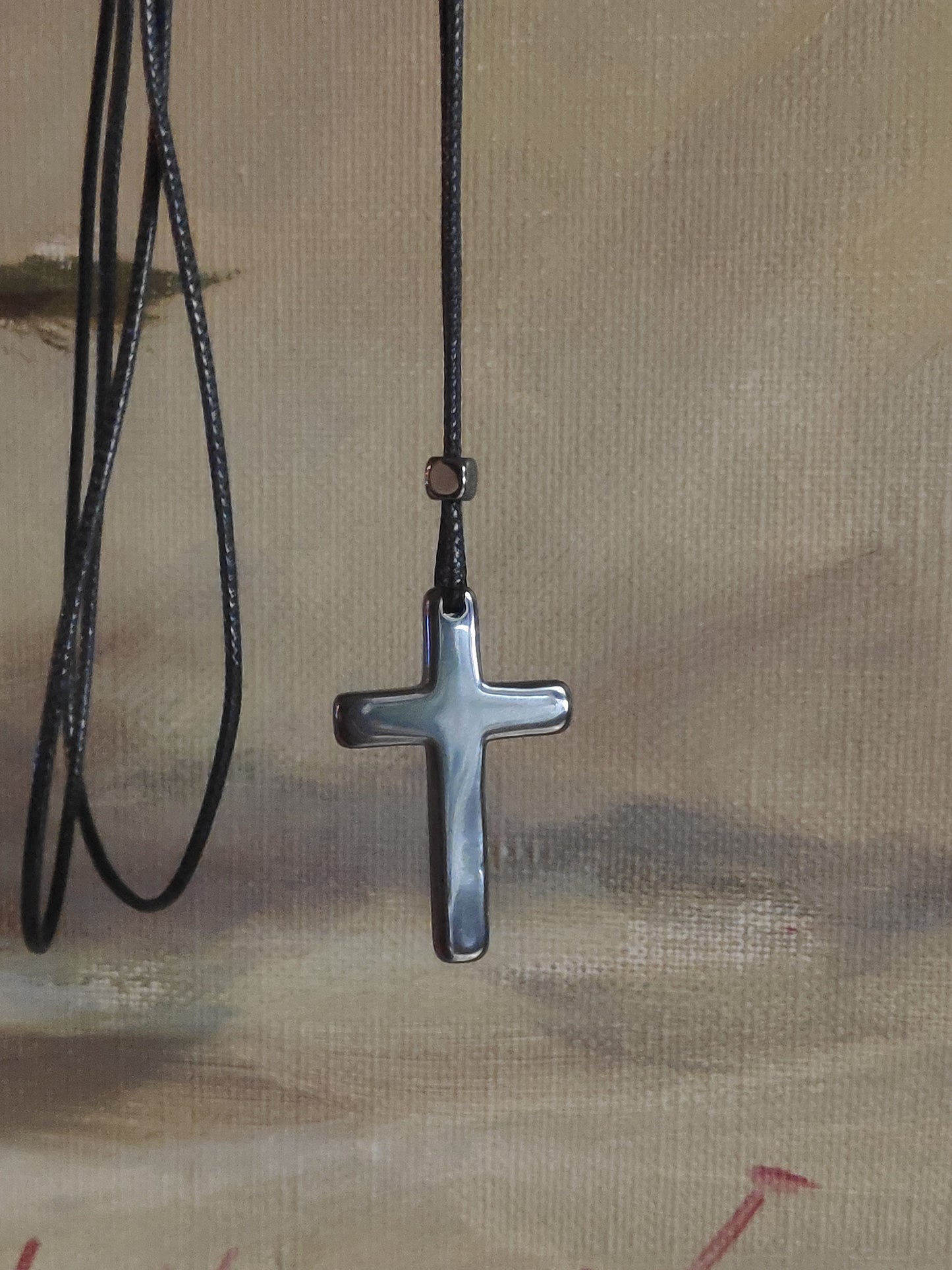 Hematite Cross Pendant Necklace,  Christian Religious Classic Cross Charms Gemstone Cross, black cord necklace Men , Gift for beliver