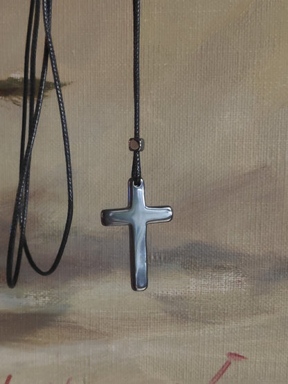 Hematite Cross Pendant Necklace,  Christian Religious Classic Cross Charms Gemstone Cross, black cord necklace Men , Gift for beliver