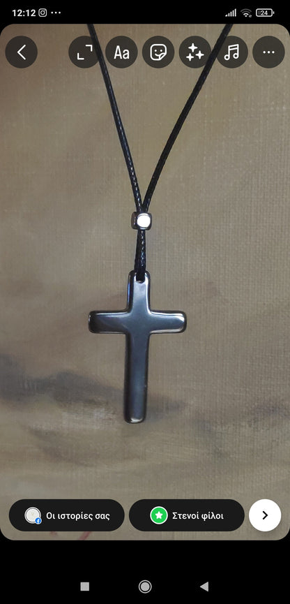 Hematite Cross Pendant Necklace,  Christian Religious Classic Cross Charms Gemstone Cross, black cord necklace Men , Gift for beliver