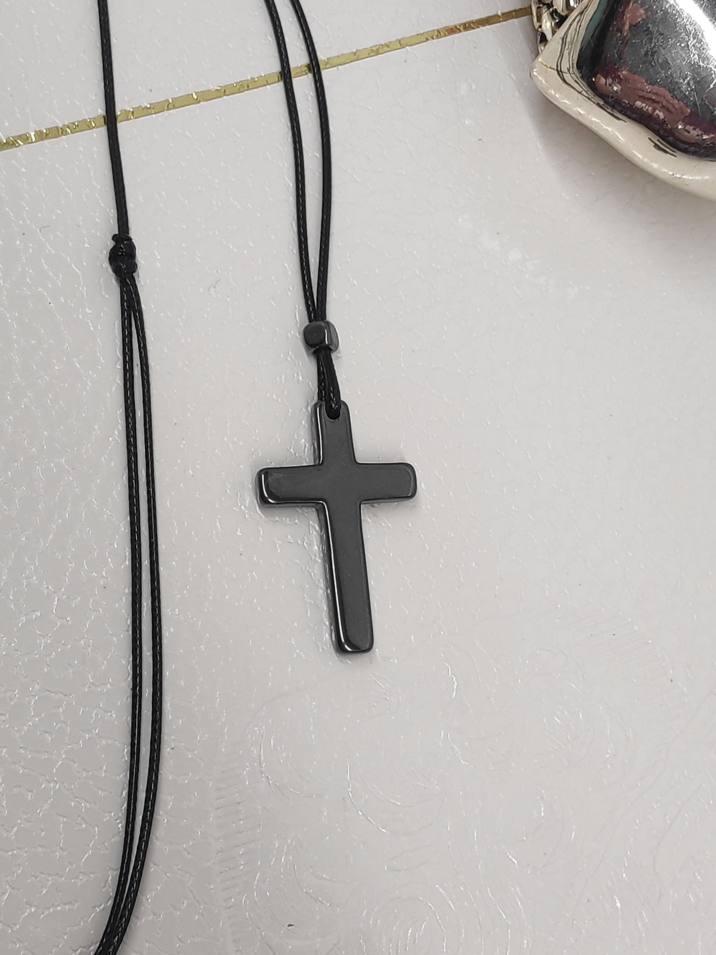 Hematite Cross Pendant Necklace,  Christian Religious Classic Cross Charms Gemstone Cross, black cord necklace Men , Gift for beliver