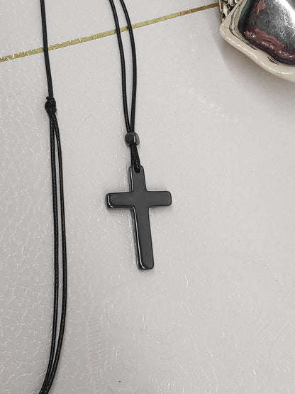 Hematite Cross Pendant Necklace,  Christian Religious Classic Cross Charms Gemstone Cross, black cord necklace Men , Gift for beliver