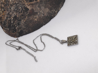 Raw Pyrite Square Pendant Chain Necklace, Wealth stone,Natural Gemstone, gorgeous necklace,Handmade Dainty Protection healing, bohemian find