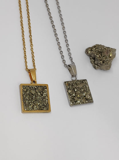 Raw Pyrite Square Pendant Chain Necklace, Wealth stone,Natural Gemstone, gorgeous necklace,Handmade Dainty Protection healing, bohemian find