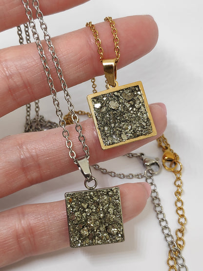 Raw Pyrite Square Pendant Chain Necklace, Wealth stone,Natural Gemstone, gorgeous necklace,Handmade Dainty Protection healing, bohemian find