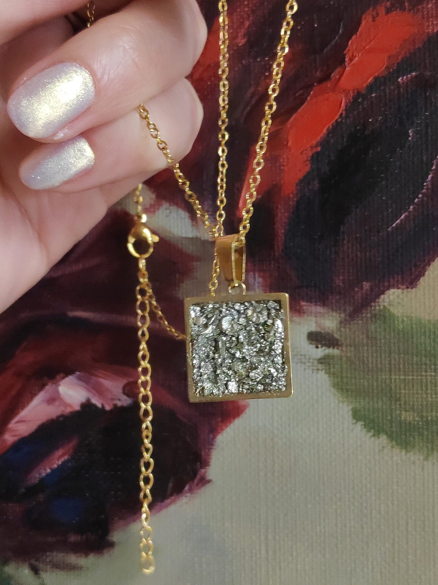 Raw Pyrite Square Pendant Chain Necklace, Wealth stone,Natural Gemstone, gorgeous necklace,Handmade Dainty Protection healing, bohemian find