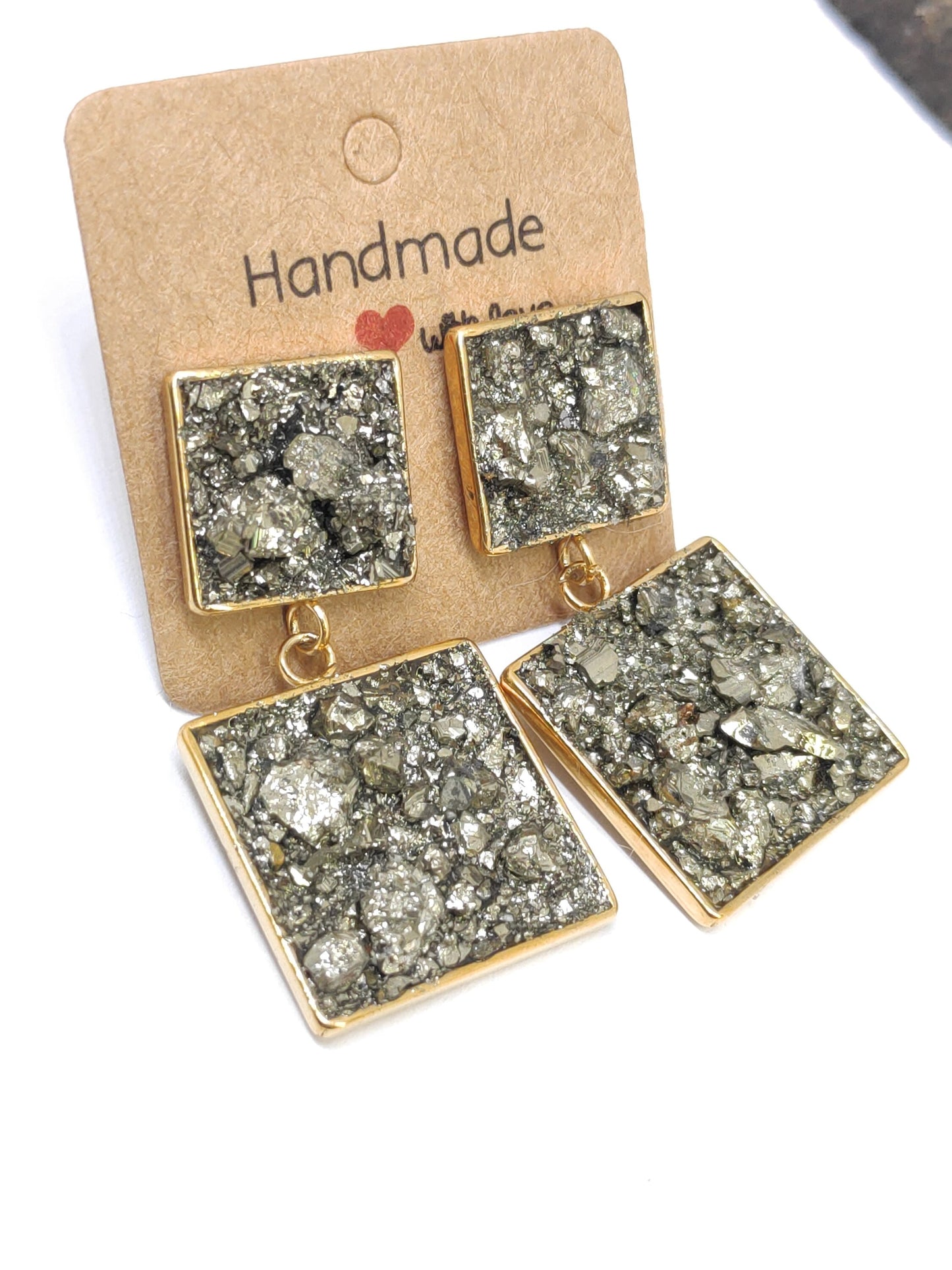Raw Pyrite Square Stud Earrings – Gold Plated Geometric Healing Jewelry