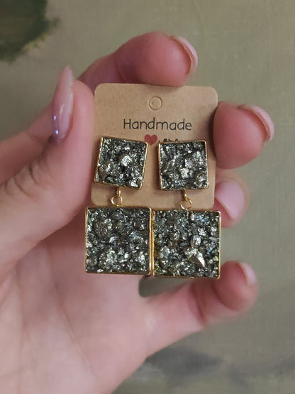 Raw Pyrite Square Stud Earrings – Gold Plated Geometric Healing Jewelry
