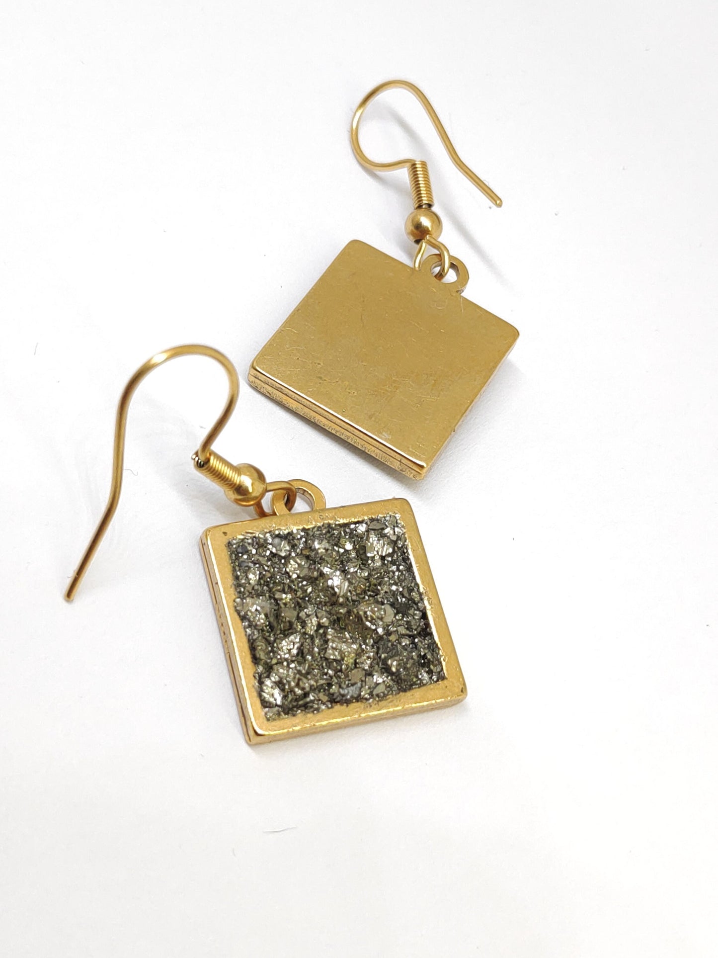 Raw Pyrite in Square cabochon, hooks stainless steel Earrings, wealth stone,bohemian,dainty, Healing, Protection, handmade,natural gemstone
