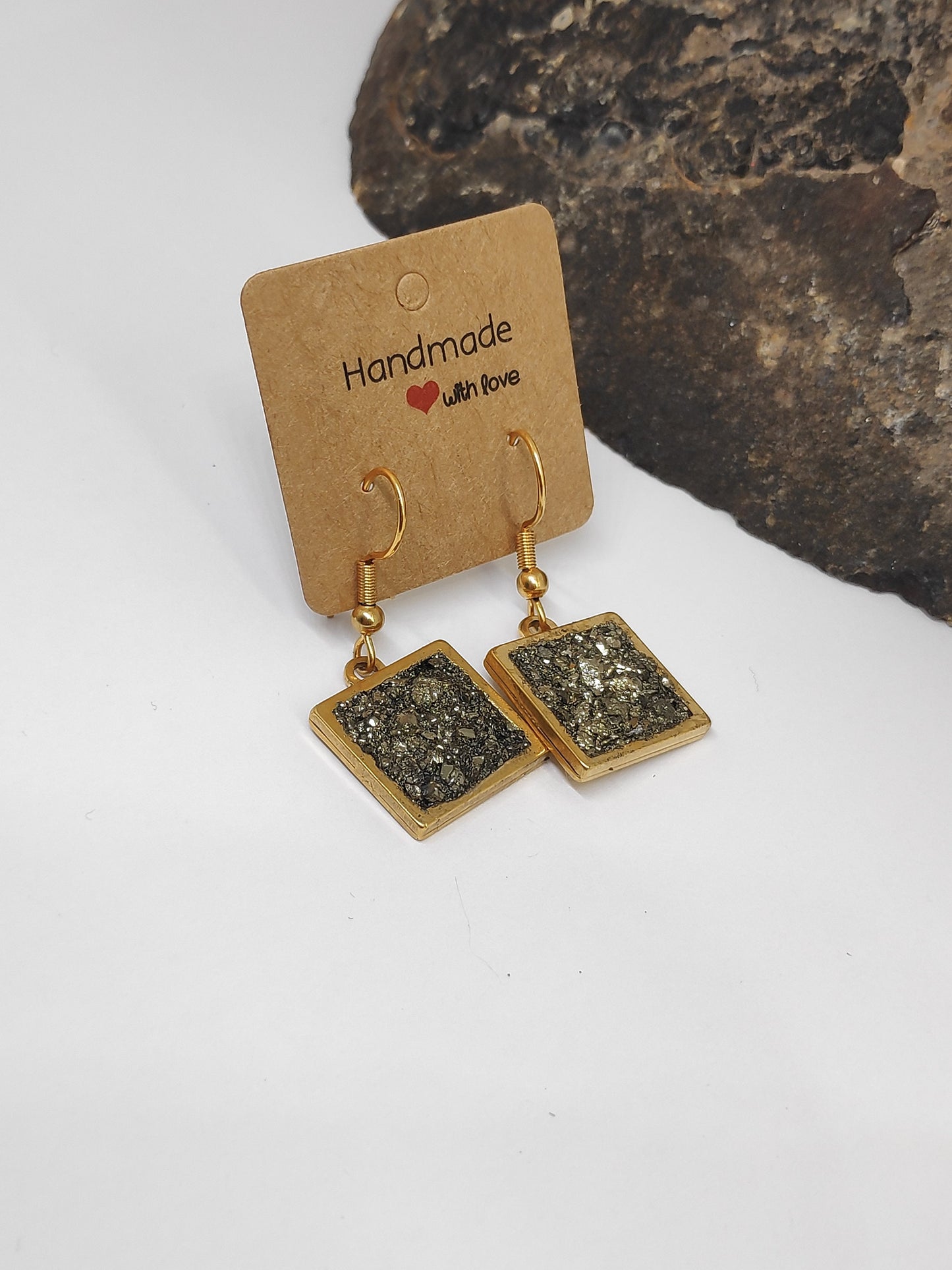 Raw Pyrite in Square cabochon, hooks stainless steel Earrings, wealth stone,bohemian,dainty, Healing, Protection, handmade,natural gemstone