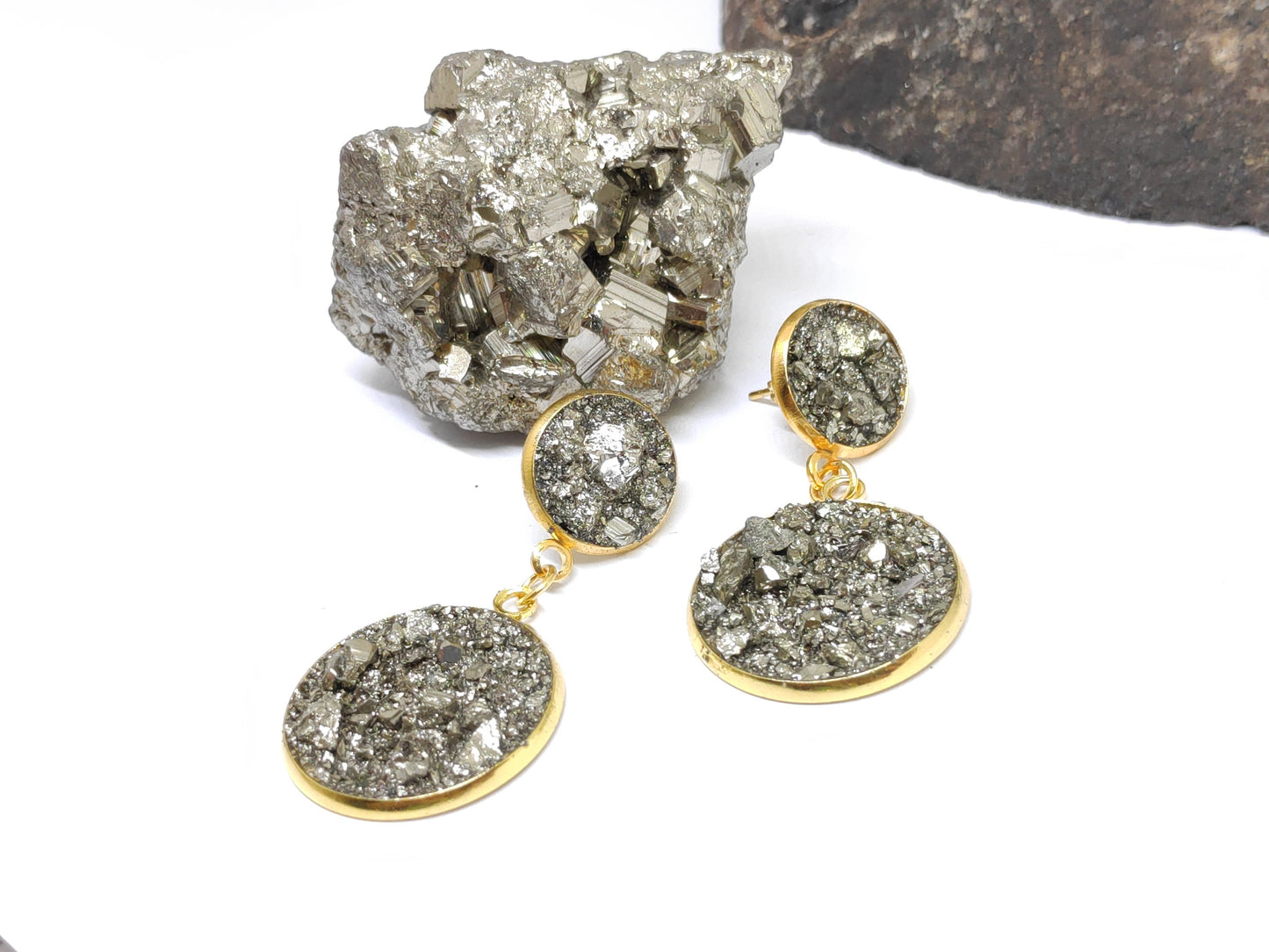 Earrings with Raw Pyrite, sparkly Earrings, Stainless steel gold plated, Handmade Healing Protection Bohemian Dainty Elegant Natural Gem