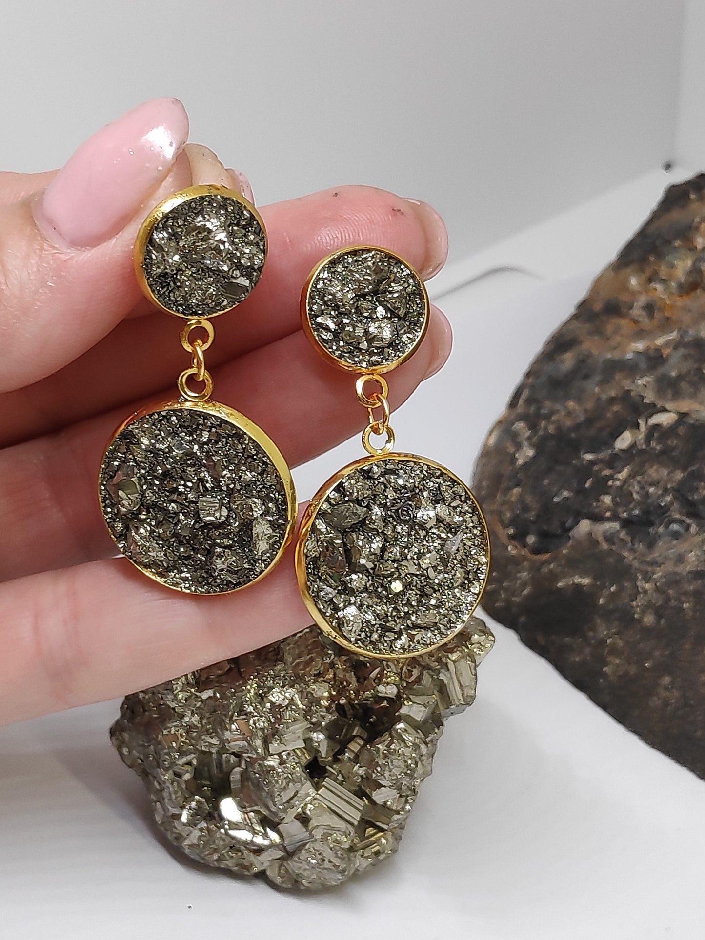 Earrings with Raw Pyrite, sparkly Earrings, Stainless steel gold plated, Handmade Healing Protection Bohemian Dainty Elegant Natural Gem