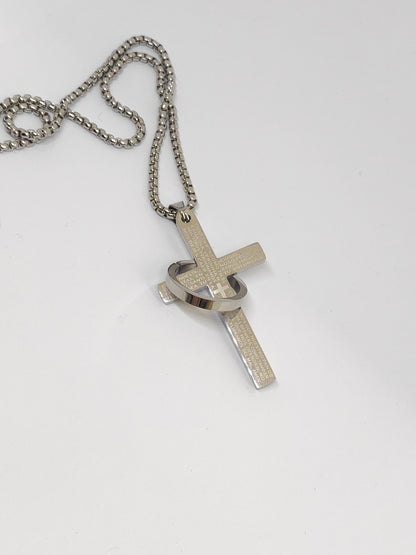 Christian Cross with circle Pendant Necklace men  silver colour stainless steel Religious pendant casual believer gift men accessories